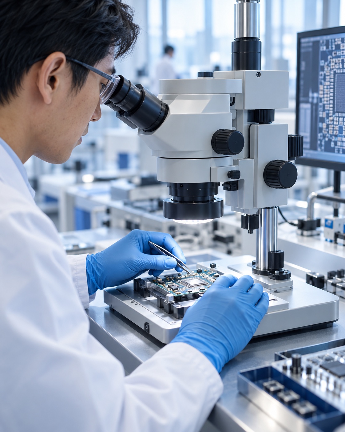 AI-generated conceptual semiconductor engineer inspecting electronics under a microscope