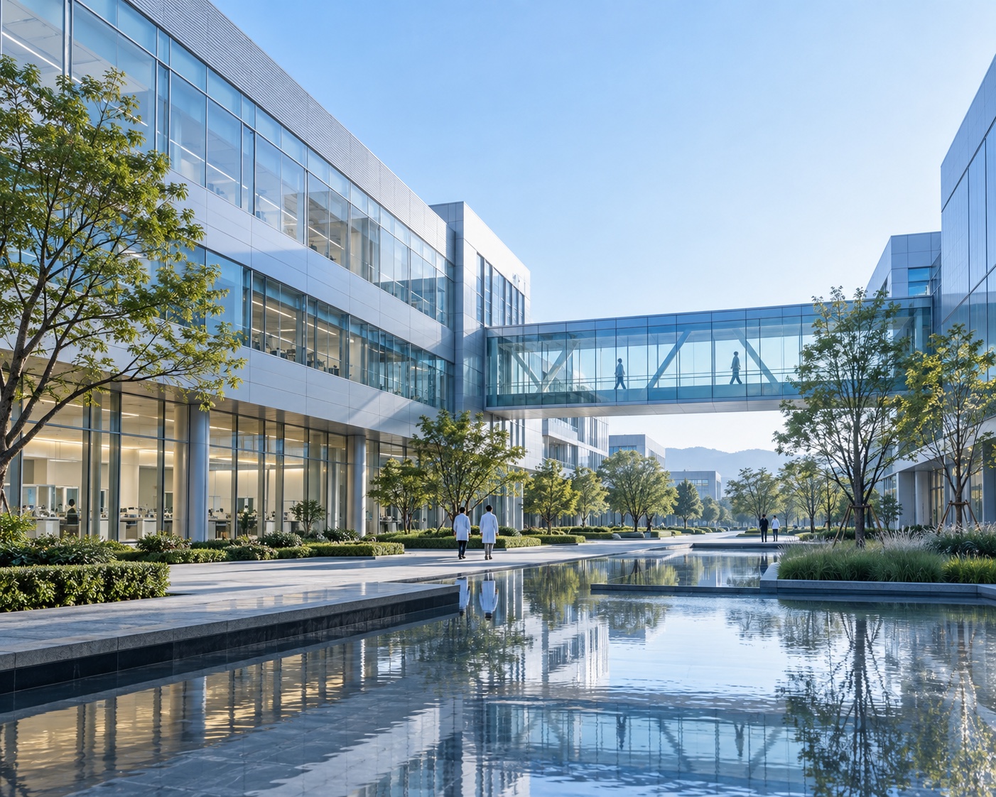 AI-generated conceptual semiconductor research campus with a glass skybridge