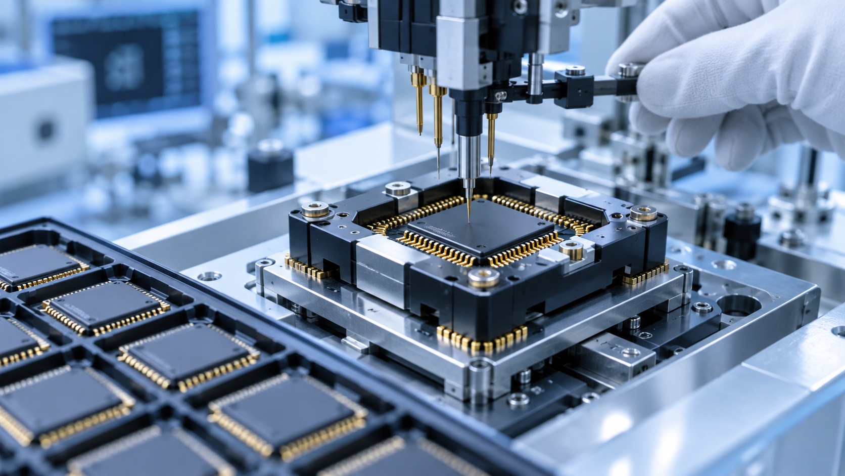 AI-generated conceptual semiconductor packaging and electrical test equipment