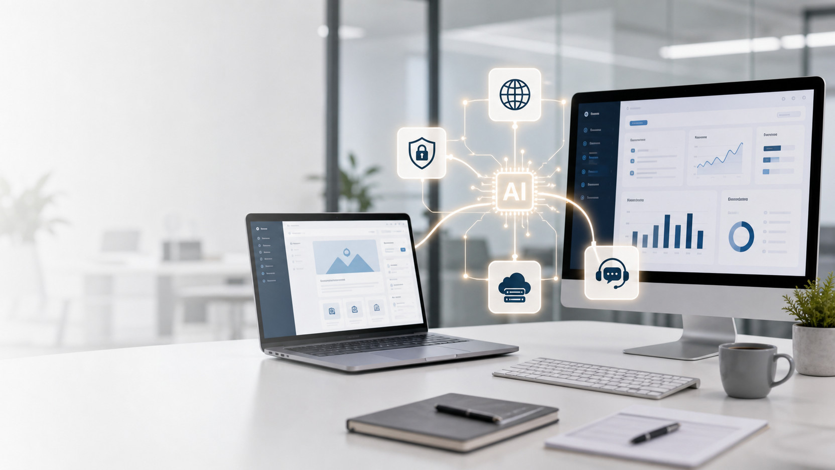 AI 網頁放入 WordPress 後台並正式上線的無地標辦公室情境