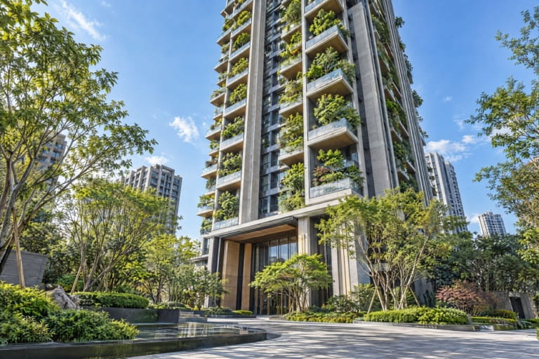 建案網站設計：立體綠化的住宅大樓外觀與中庭花園