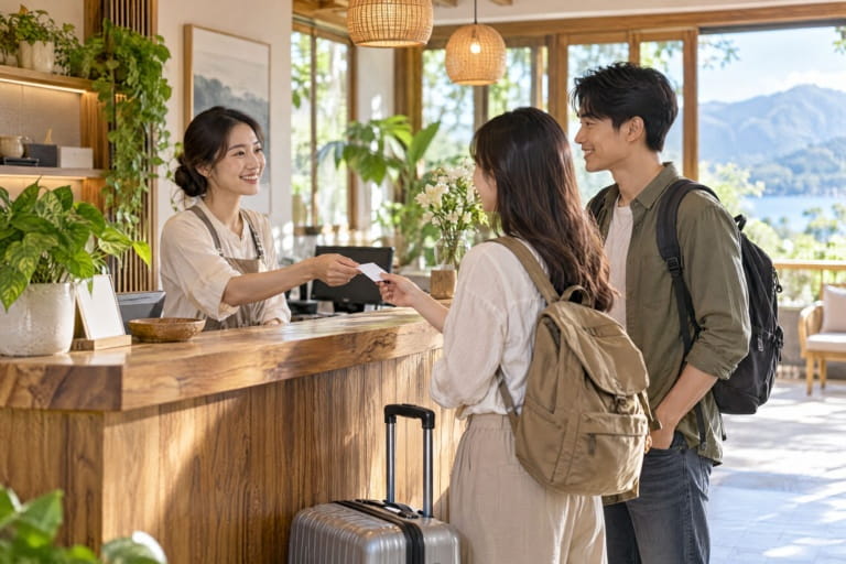 民宿、飯店網站設計：民宿櫃台人員接待入住旅客