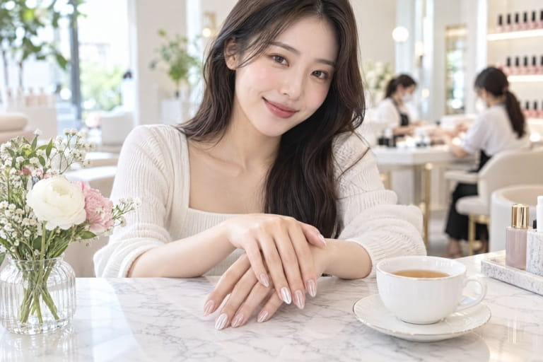 美甲網站設計：客人展示完成的裸色珍珠光美甲